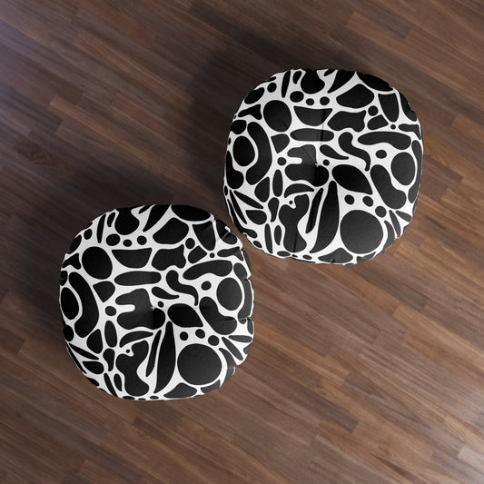 Modern Round Tufted Floor Pillow - Black and White Abstract Design